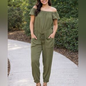 Michael Kors Olive Green Off-Shoulder Jumpsuit
